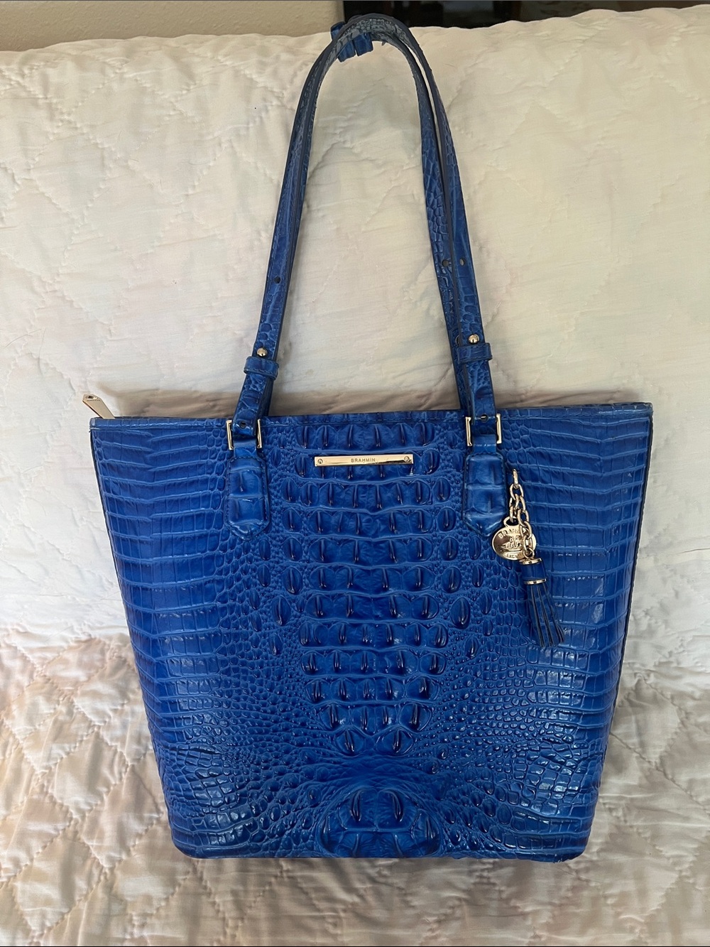 Brahmin Royal Blue Croc-Embossed Leather Tote wear on straps distinctive
